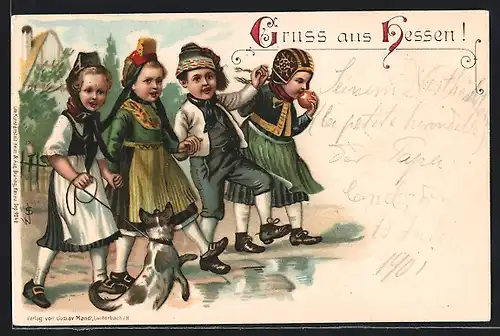 Künstler-AK Kinder in hessischer Tracht mit Hund