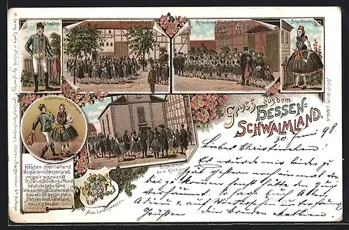 Lithographie Hessen-Schwalmland, Schwälmer Tanz, Schwälmer Hochzeitszug, Schwälmerin in Tracht