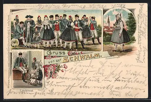 Lithographie Bürger in hessischen Trachten beim Tanz, Am Spinnrad