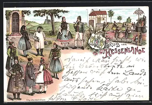 Lithographie Hessen in Tracht beim Kirchgang und beim Tanz