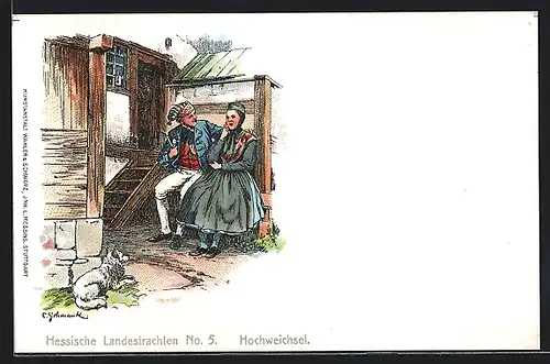 Künstler-AK Hessisches Paar in Landestrachten aus Hochweichsel mit Hund