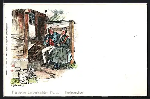 AK Hochweichsel, Trachtenpaar aus Hessen, Hund