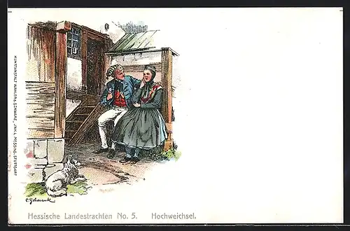 AK Hochweichsel, Trachtenpaar aus Hessen, Hund