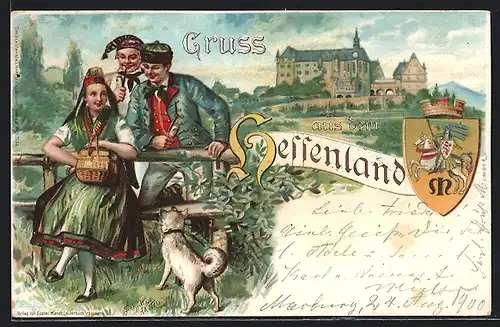 Lithographie Gruss aus dem Hessenland, Frau und zwei Männer in hessischer Tracht, Wappen