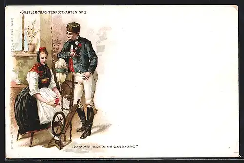 Lithographie Dame am Spinnrad in Schwälmer Trachten