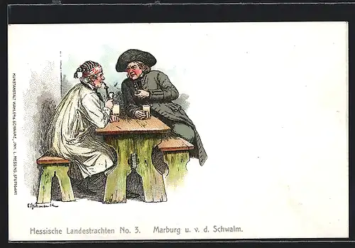 Lithographie Marburg, Männer in hessischen Landestrachten aus Marburg u. v. d. Schwalm