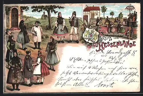 Lithographie Hessen in Tracht beim Kirchgang und beim Tanz