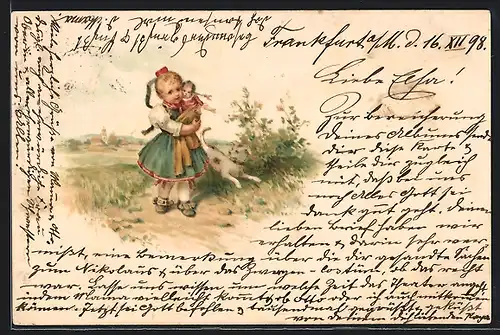 Lithographie Kleines Mädchen mit Puppe und Hund in hessischer Tracht