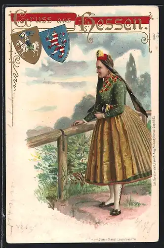 Künstler-AK Mädchen in hessischer Tracht mit Buch