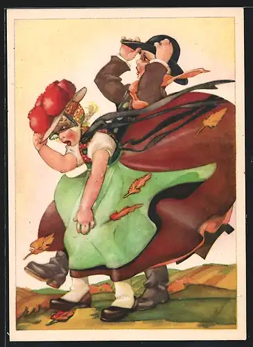 AK Paar in Schwarzwälder Tracht bei Wind