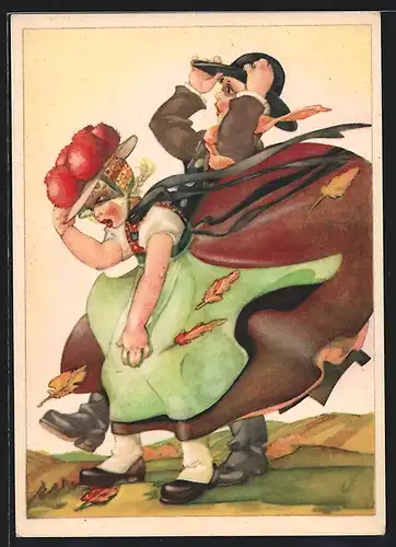 AK Mann und Frau in einer Schwarzwälder Tracht geraten in einen Herbststurm