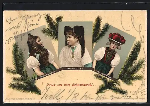 AK Drei junge Frauen in Schwarzwälder Tracht, Markgräflerin, aus dem Gutachthal