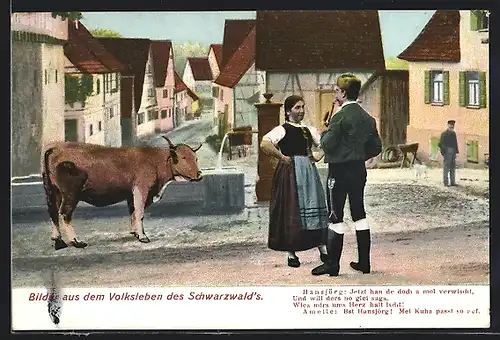 AK Schwarzwald, Bauernpaar mit Rind an der Tränke, Schwarzwälder Tracht