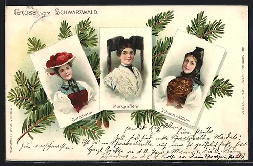 AK Schwarzwald, Drei Damen in Badischer Tracht