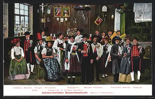 AK Schwarzwälder Bauernhochzeit, Gäste in badischen Volkstrachten
