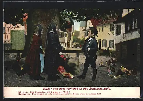 AK Schwarzwald, Kinder mit Hühnern, Schwarzwälder Tracht