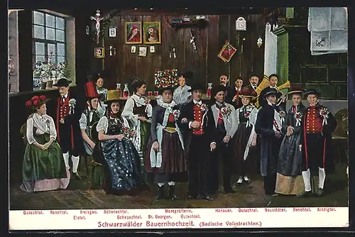 AK Schwarzwälder Bauernhochzeit, Gäste in badischen Volkstrachten