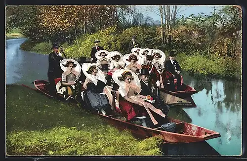 AK Spreewald, Fahrt zur Trauung in Tracht