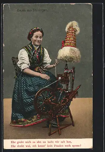 AK Frau in thüringischer Tracht am Spinnrad
