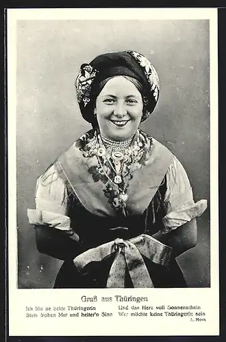AK Grinsende Frau in thüringischer Tracht