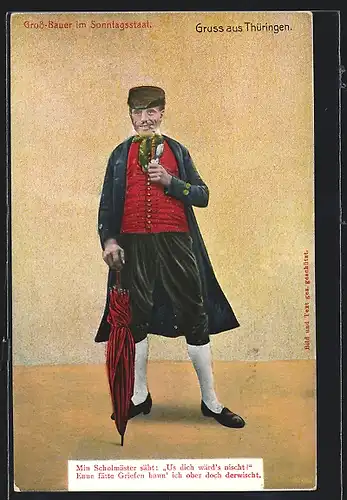 AK Gross-Bauer im Sonntagsstaat in thüringischer Tracht, mit Schirm und Pfeife