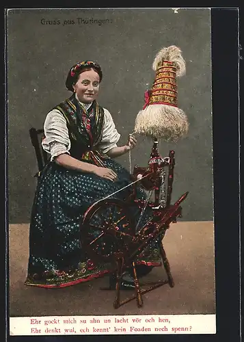 AK Frau in thüringischer Tracht am Spinnrad