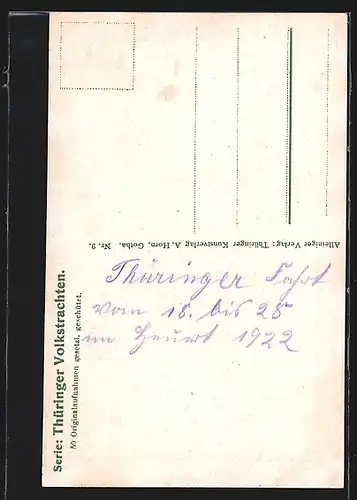 AK Frau in thüringischer Tracht am Spinnrad