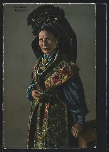 AK Frau in thüringischer Tracht und Perlenkette