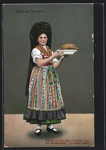 AK Mädchen serviert Gänsebraten in thüringischer Tracht