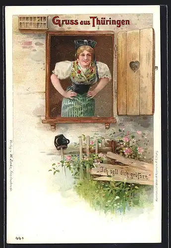 Lithographie Frau in thüringischer Tracht blickt lächelnd aus dem Fenster