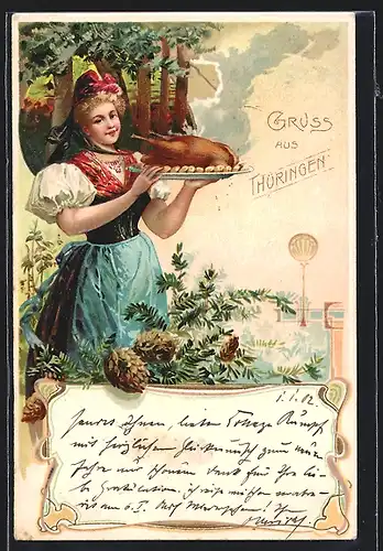 AK Junge Frau in thüringischer Tracht mit einem Braten in den Händen