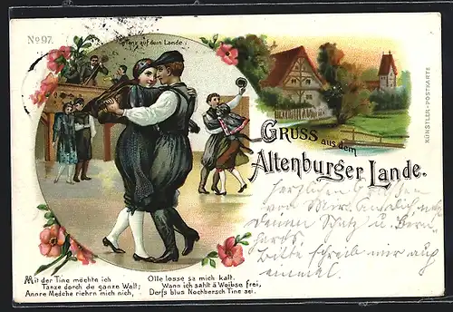 Lithographie Gruss aus dem Altenburger Lande, Paar beim Tanz auf dem Lande, Ortspartie