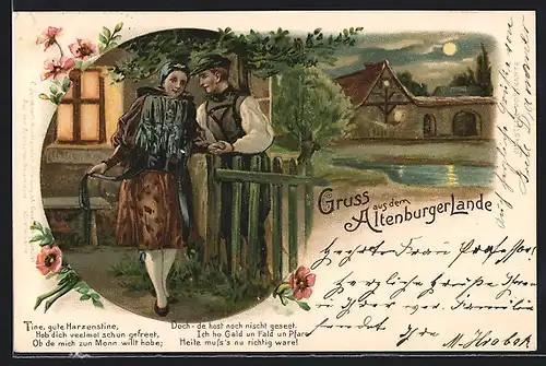 Lithographie Bauernjunge mit Mädchen Tracht aus dem Altenburger Land