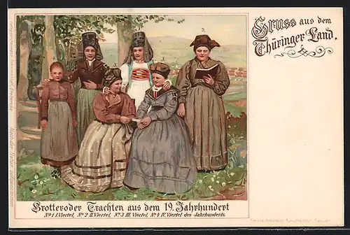 Lithographie Junge Frauen posieren in thüringischer Tracht