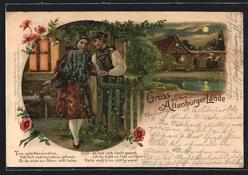 Lithographie Liebespaar in thüringischer Tracht