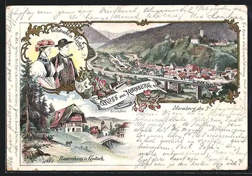 Lithographie Hornberg, Ortsansicht, Bauernhaus in Gutach, Volkstrachten