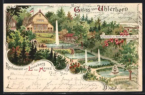 Lithographie Uhlerborn, Restaurant am Leniaberg mit Garten und Springbrunnen