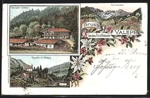 Lithographie Valepp, Forsthaus, Kapelle, Schinderkar