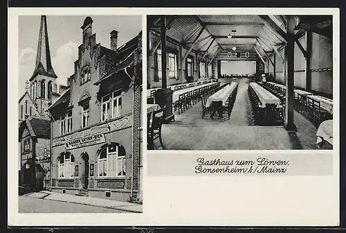 AK Gonsenheim, Gasthaus zum Löwen v. F. Hedtler, Strasse 140, Aussen- u. Innenansicht