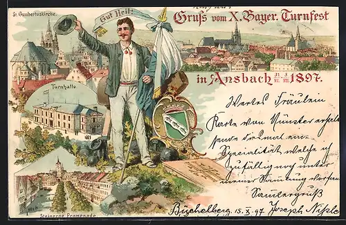 Lithographie Ansbach, Gruss vom X. Bayer. Turnfest 1897, Turnhalle, Steinerne Promenade
