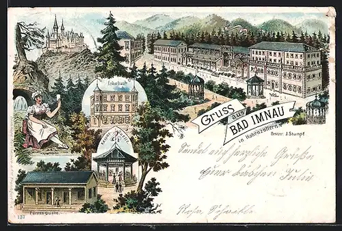 Lithographie Bad Imnau, Erkerbau, Fürsten-Quelle, Kaspar-Quelle