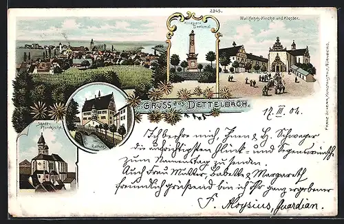 Lithographie Dettelbach, Stadt-Pfarrkirche, Wallfahrts-Kirche und Kloster, Rathaus