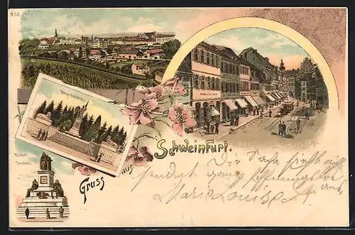 Lithographie Schweinfurt, Strassenpartie mit Geschäften und Strassenbahn, Rückert-Denkmal, Kriegerdenkmal