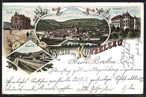 Lithographie Künzelsau, Bahnhof, Seminar, Postamt