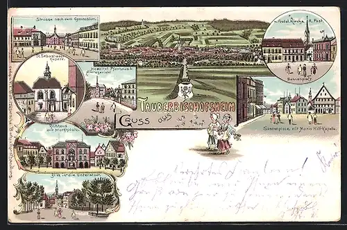 Lithographie Tauberbischofsheim, Hospital Pfarrhaus & Amtsgericht, Rathaus mit Marktplatz, St. Sebanstians-Kapelle
