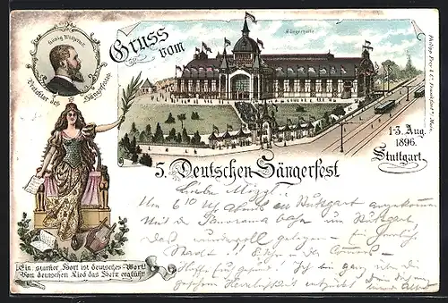 Lithographie Stuttgart, 5. Deutsches Sängerfest mit Strassenbahn, Sängerhalle, König Wilhelm II.