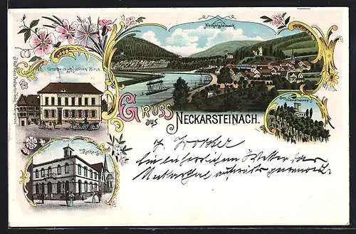 Lithographie Neckarsteinach, Gasthaus zum goldenen Hirsch, Burg Schwalbennest, Rathaus