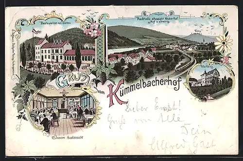 Lithographie Neckargemünd, Restaurant Kümmelbacherhof, Saalansicht, Villa Heinz, Neckartal