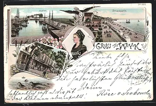 Lithographie Wyk, Kurhaus, Hafen, Strandpartie