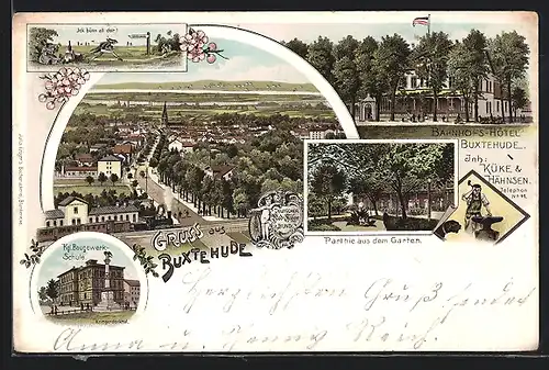 Lithographie Buxtehude, Bahnhofs-Hotel mit Terrasse, Kgl. Baugewerkschule, Gesamtansicht mit Dampflok